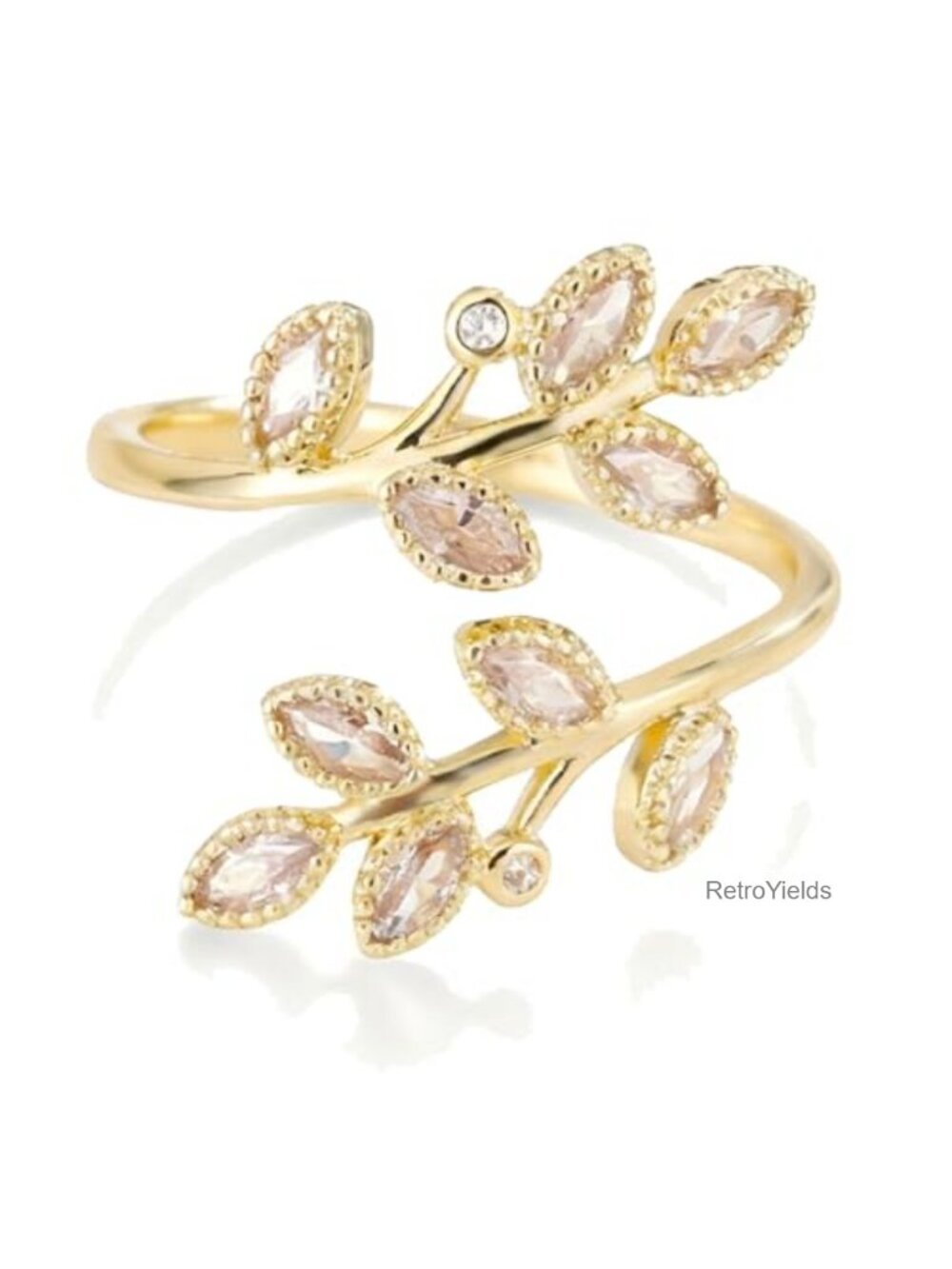 Adjustable Open Leaf Vine Ring with Gemstone Cuff Deco Ring for Women Men